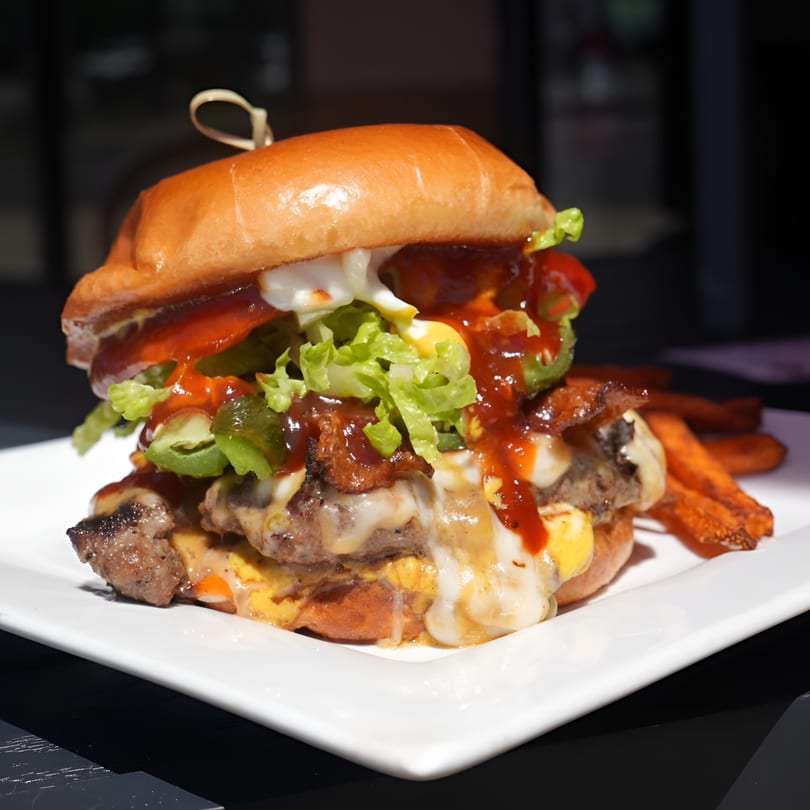 A large, juicy double cheeseburger with bacon, lettuce, jalapenos, and sauces, served with sweet potato fries.